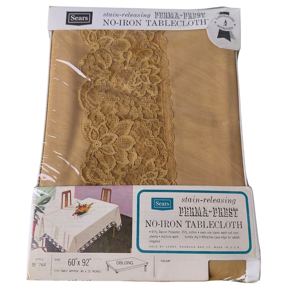 Vintage Sears Perma-Prest No Iron Gold Oblong Tablecloth Lace Details 60x92